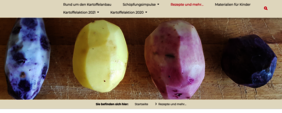 Screenshot der Kartoffelprojektwebsite mit bunten geschälten Kartoffeln
