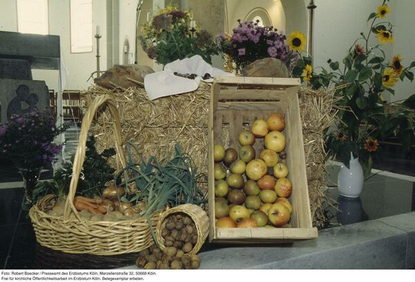 Feldfrüchte, wie Äpfel, Kartoffeln, Stroh und Blumen, als Erntegaben im Altarraum